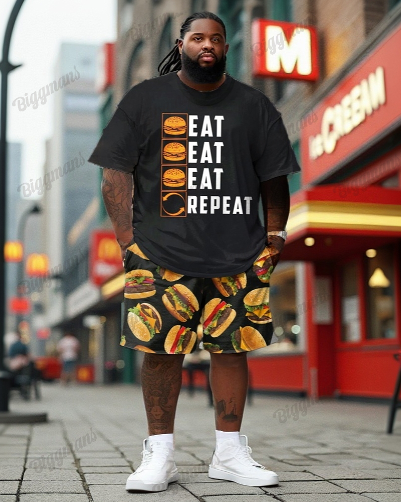 Men's Plus Size Retro fun 'Eat, Eat, Eat Burgers' Printed T-shirt Shorts Suit