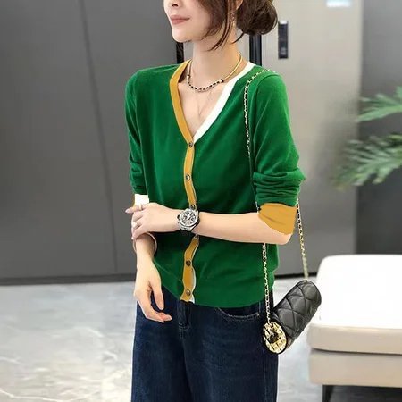 Green Casual Knitted Cotton-Blend Outerwear QueenFunky