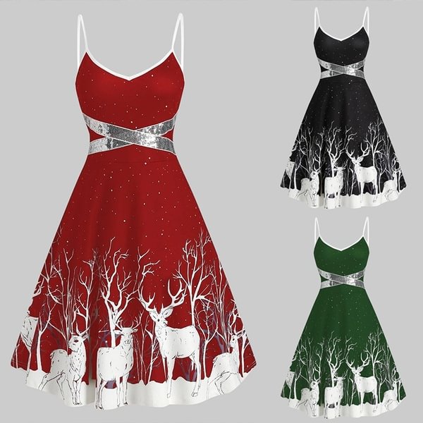 Christmas Print Sequin Patchwork Sleeveless Dress Santa Xmas Deer Skater Party Dresses - BlackFridayBuys