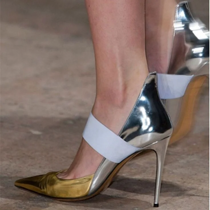 Escarpins pointus à talons aiguilles or et argent avec lanières Flusfy