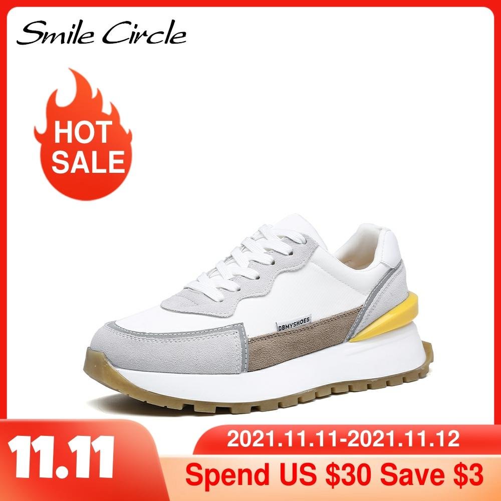 Smile Circle Women Sneakers Flat Platform shoes Cow Leather spring fashion Reflective Breathable Thick bottom Ladies Shoes