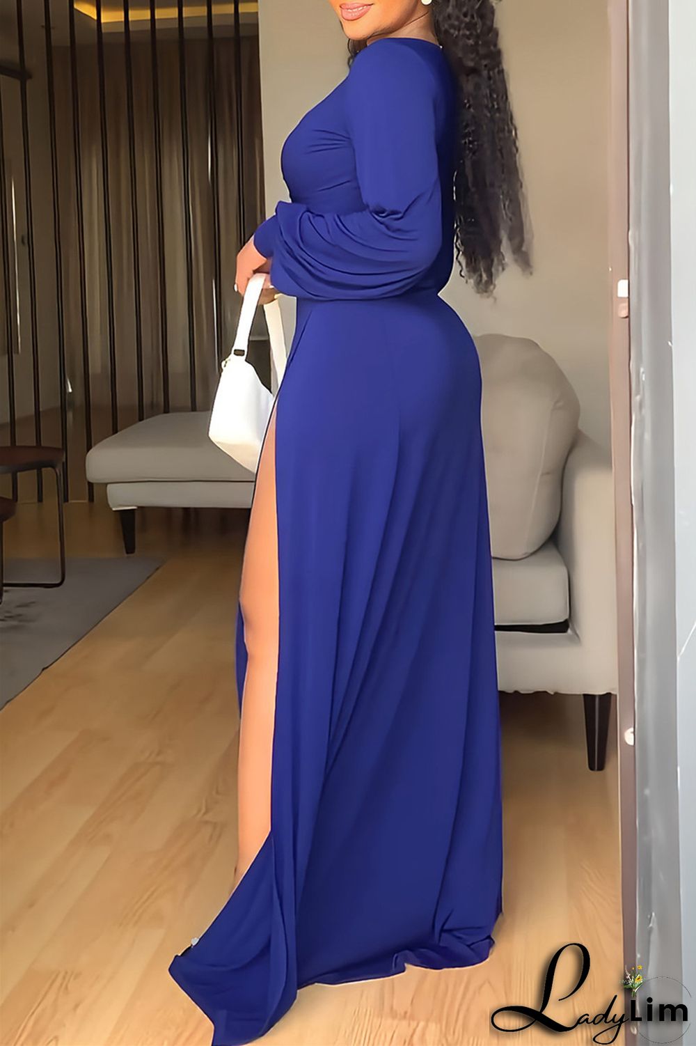 Blue Fashion Casual Solid Slit V Neck Long Sleeve Two Pieces