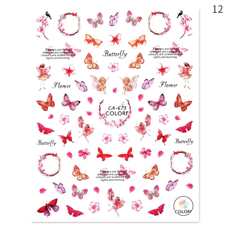 1PC 3D Butterfly Nail Sticker Spring Flower Leaves Alphabet Valentines's Day Transfer Foil Slider Nail Art Decoration Manicures