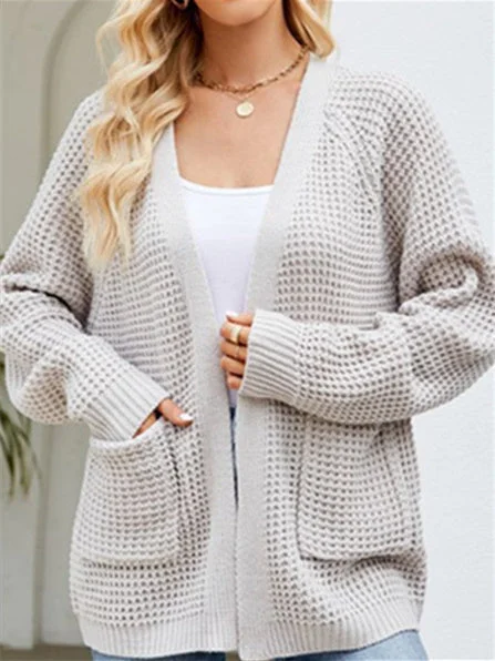 Women's V-neck Pockets Sweater Cardigan Jacket Mid-length Coat