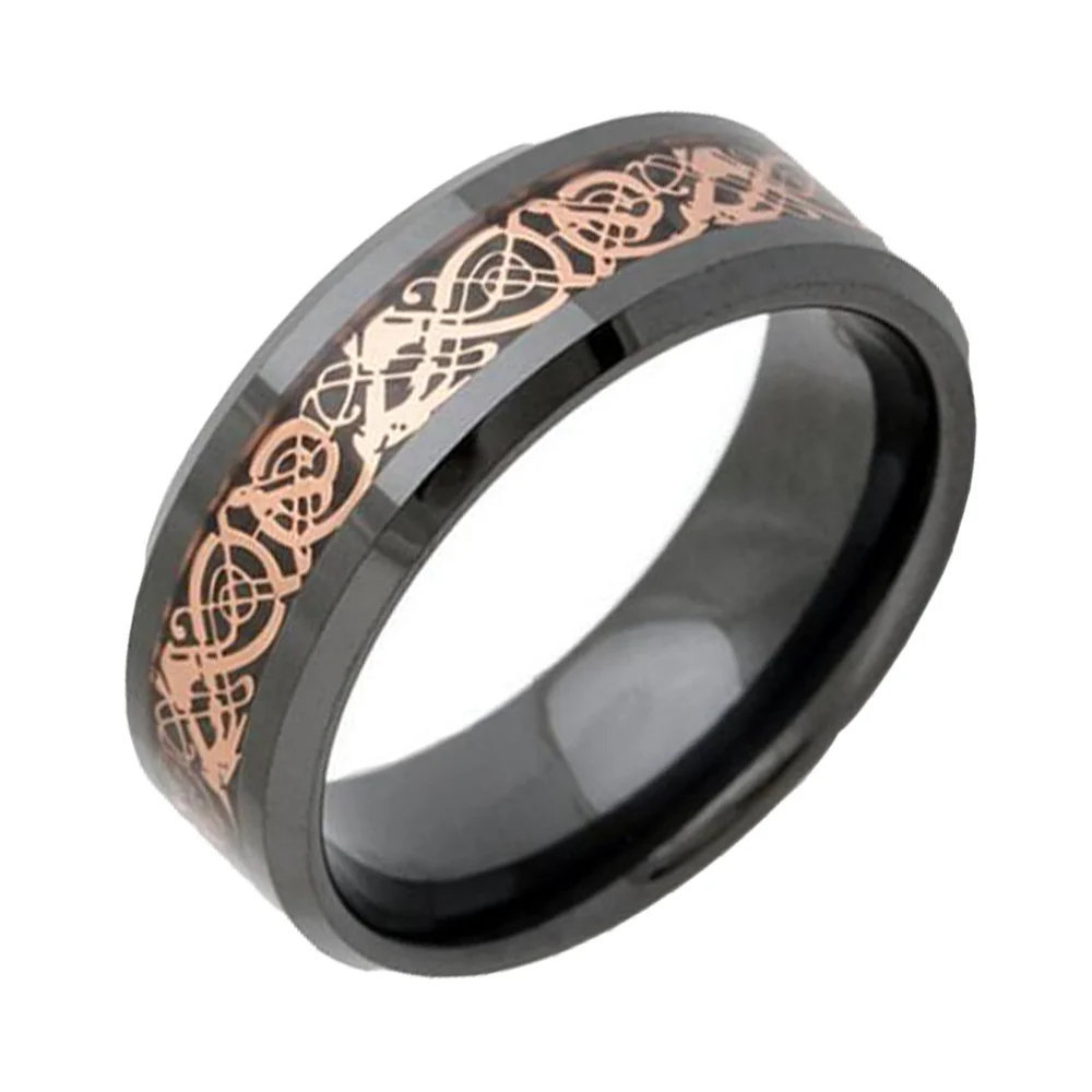 6MM 8MM Black Tungsten Carbide Rose Gold Celtic Dragon Inlay Men Wedding Bands