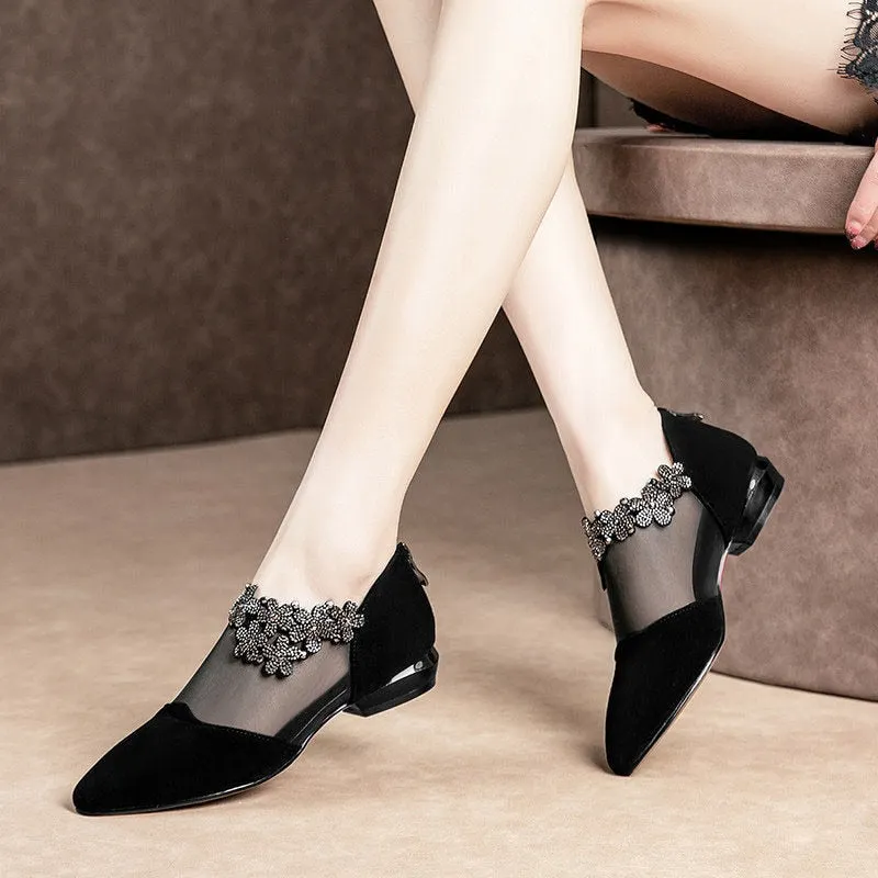 Women Mesh Shoes,2021 Spring Korean Style Low Heels,Sexy Rhinestone,Pointed Toe,Square Heel,Female Footware,Black,Big Size