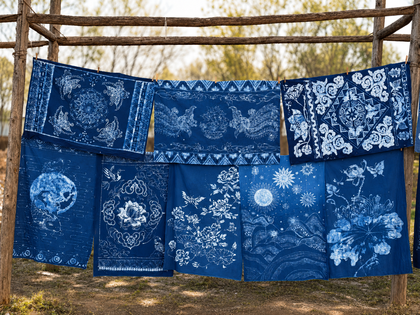 Drying handmade indigo batik fabric