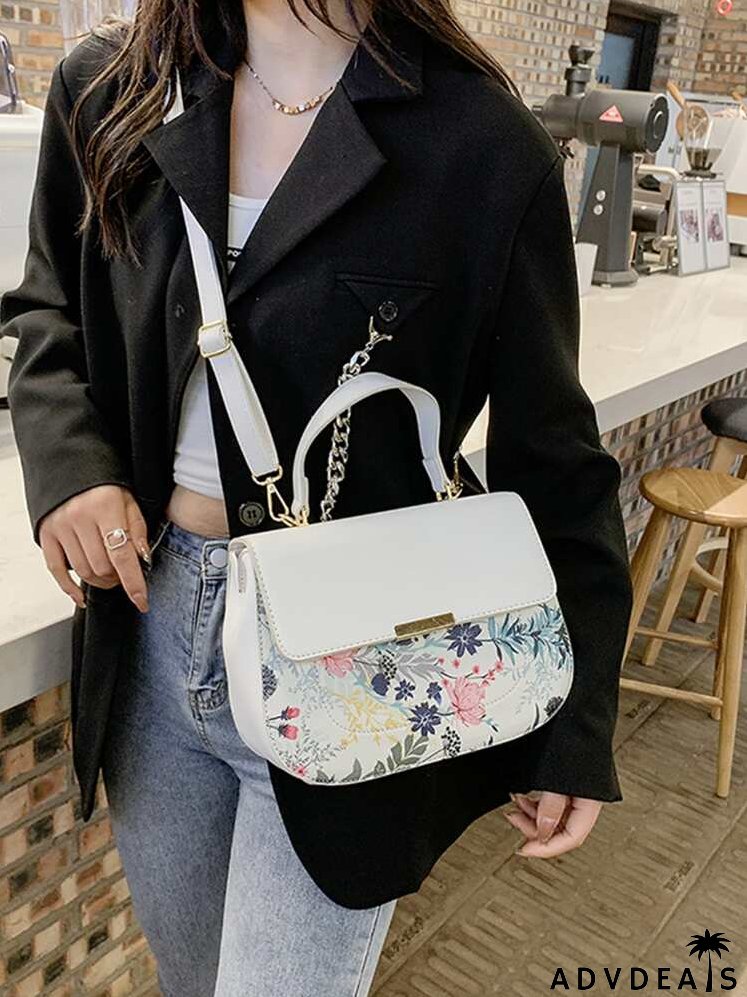 Floral Metal Decor Flap Satchel Bag