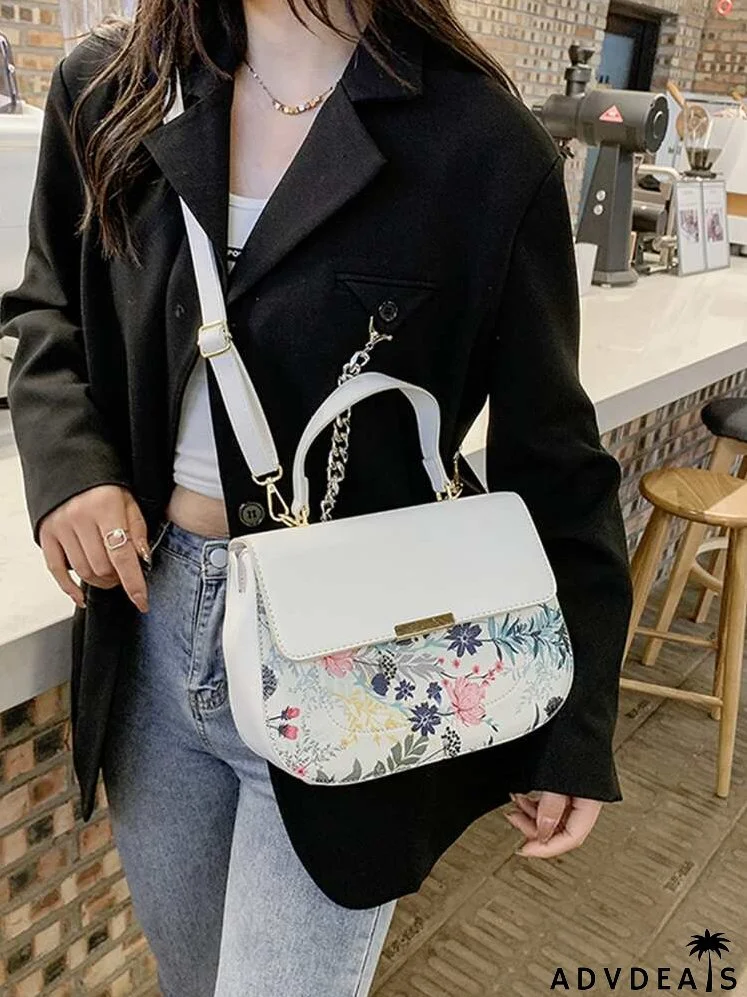 Floral Metal Decor Flap Satchel Bag