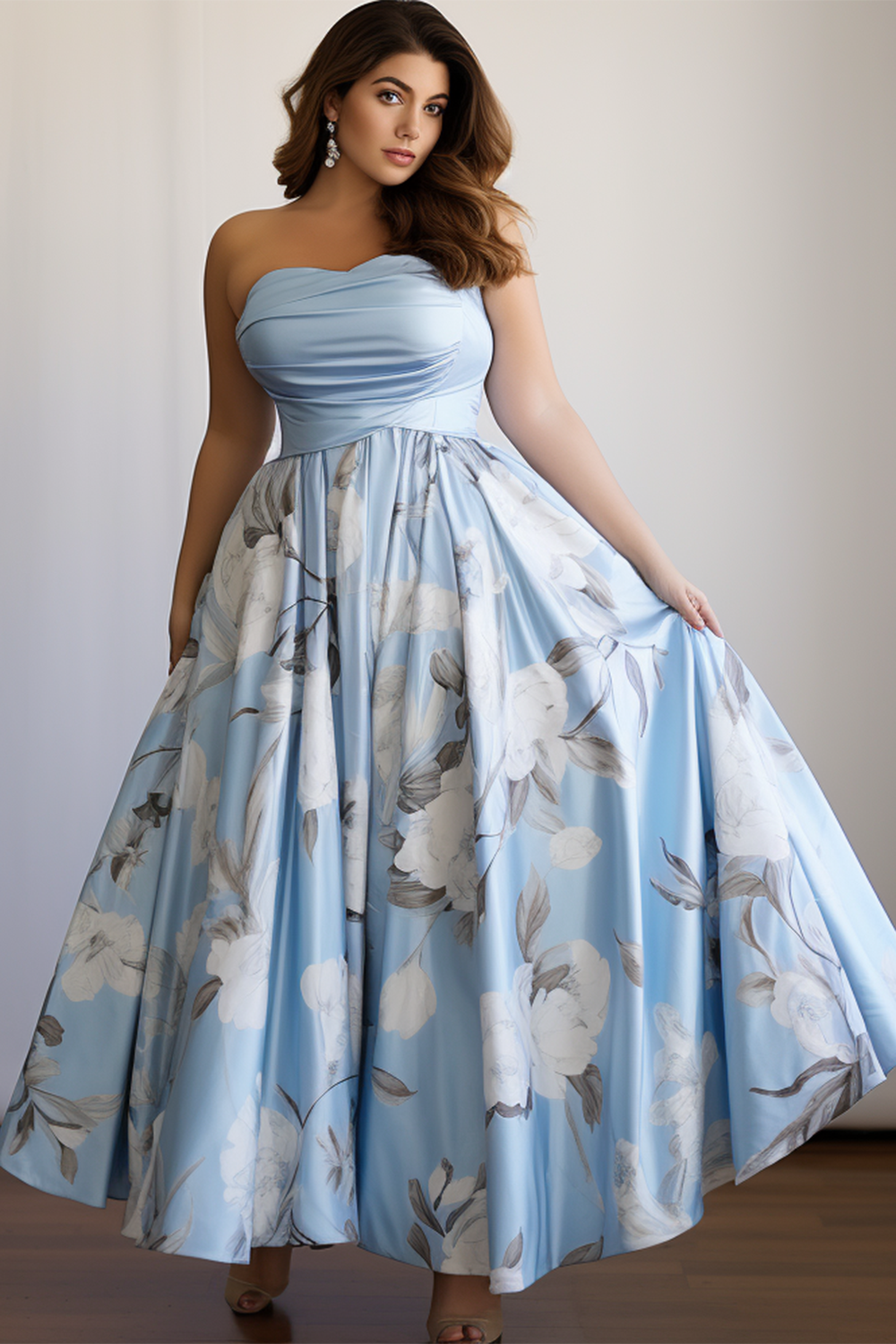 Flycurvy Plus Size Light Blue Wedding Guest Satin Floral Print Strapless High Waist Maxi Dress 2024 - Flycurvy 