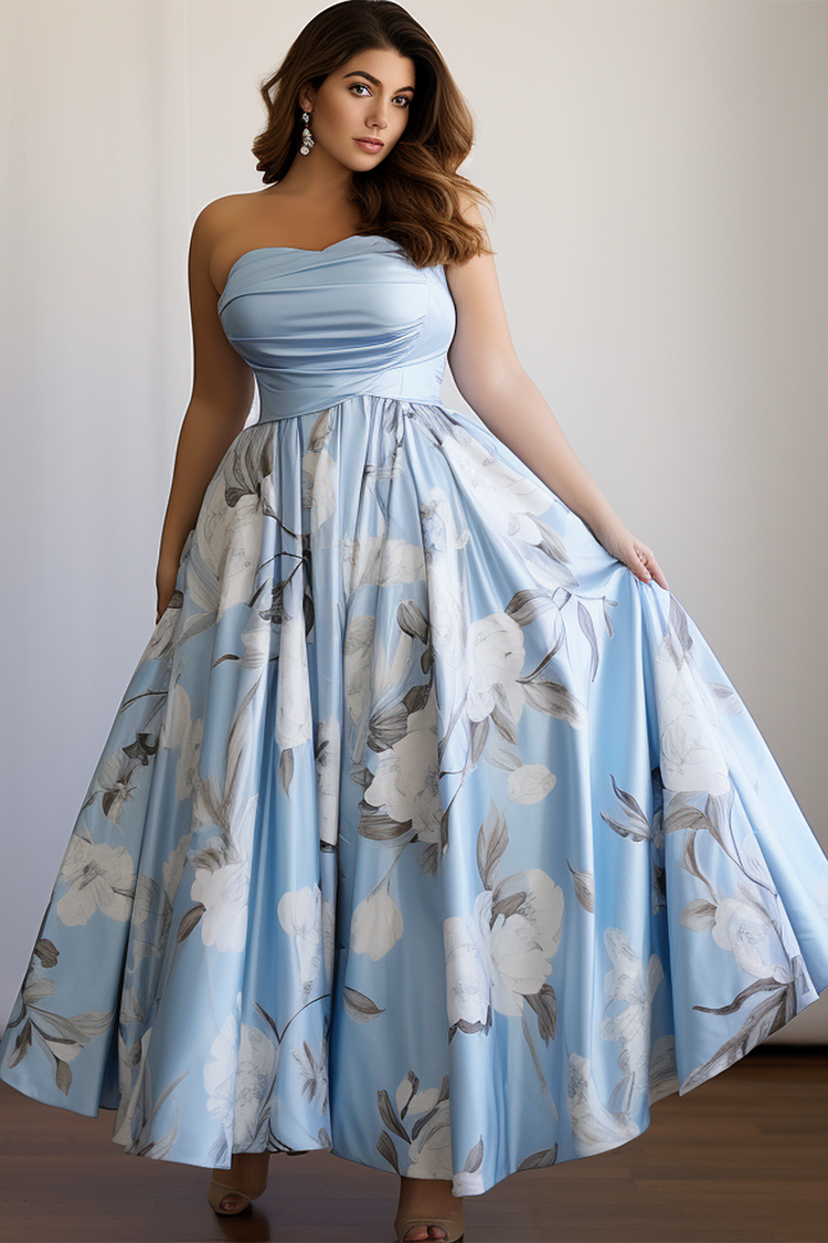 Flycurvy Plus Size Light Blue Wedding Guest Satin Floral Print Strapless High Waist Maxi Dress  Flycurvy [product_label]