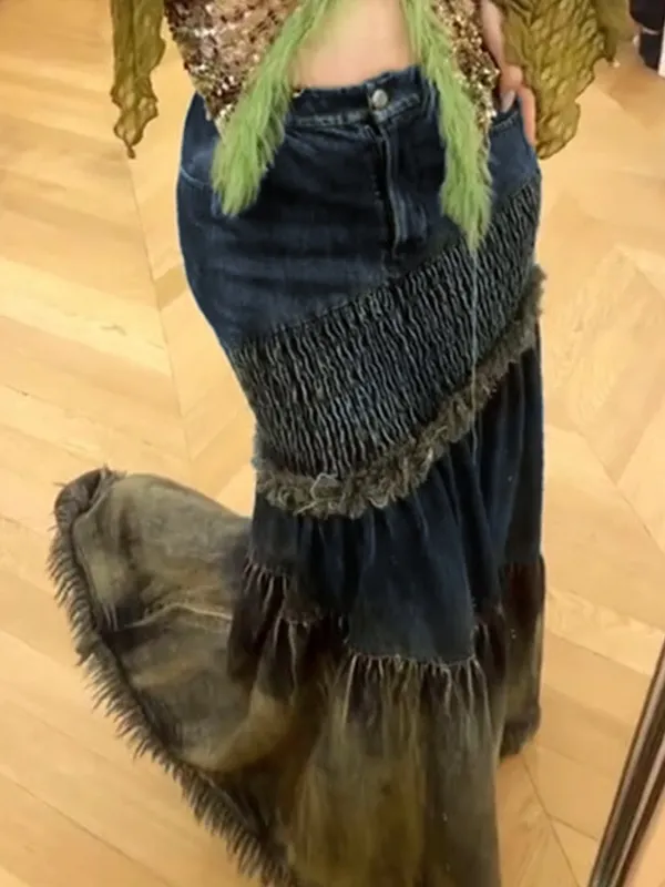 Vintage Denim Splice Smocked Mermaid Maxi Skirt