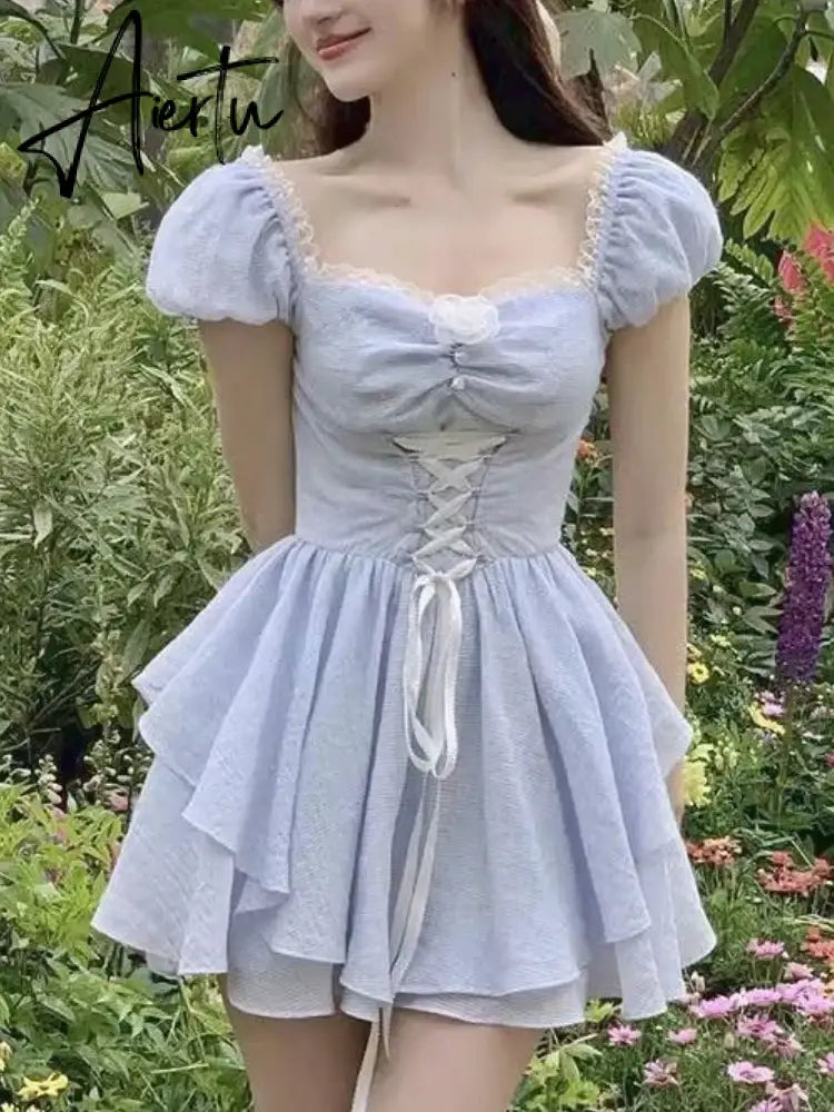 Aiertu Summer Bule Sweet Kawaii Dress Women Strappy Elegant Fashion Party Mini Dress Female Ruffle Flounce Korean Casual Dress New Aiertu