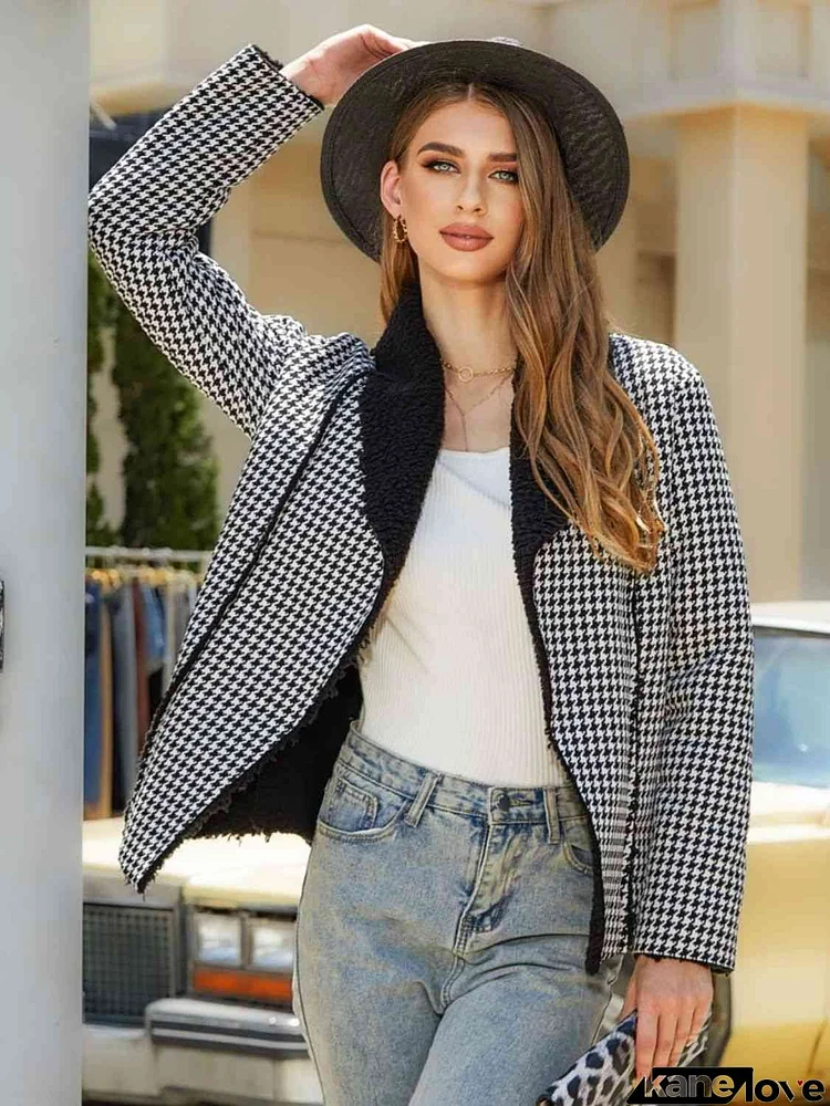 Houndstooth Open Front Long Sleeve Jacket