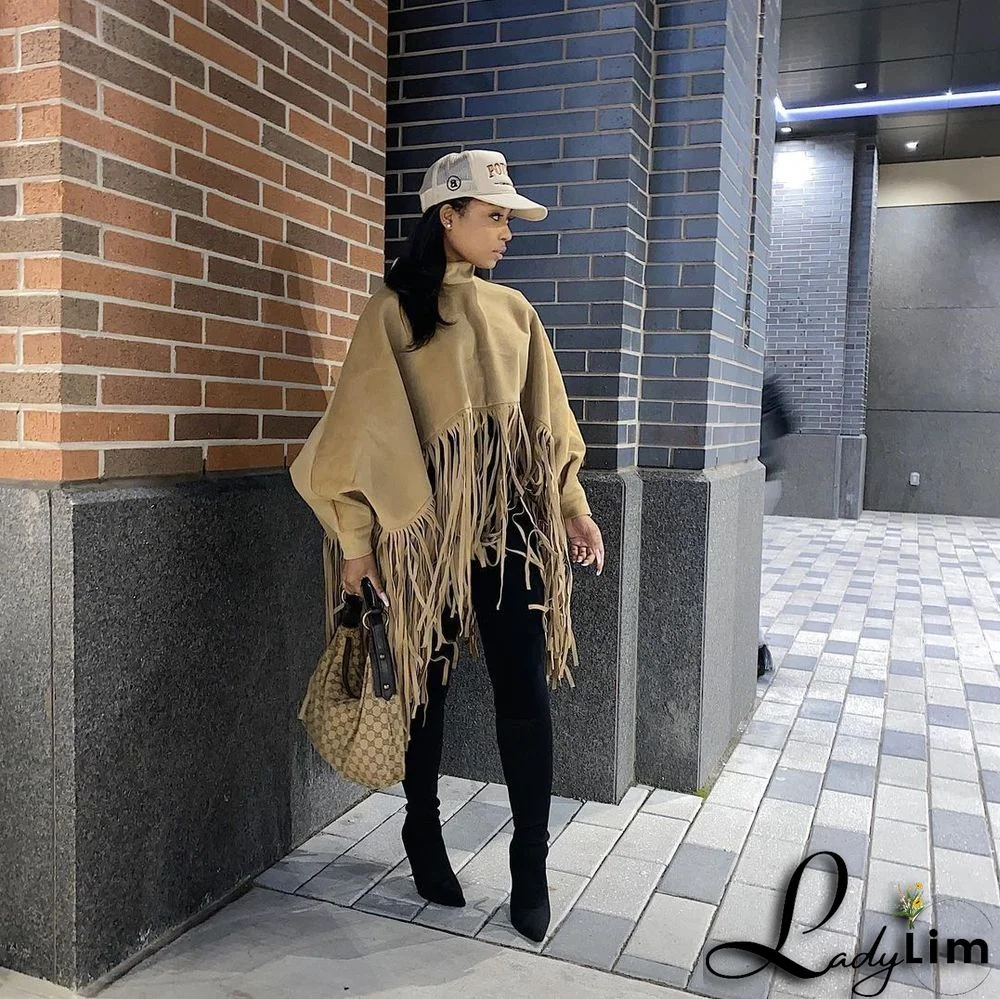Women Autumn/Winter Premium Deerskin Fleece Fringe Shawl Cape Coat