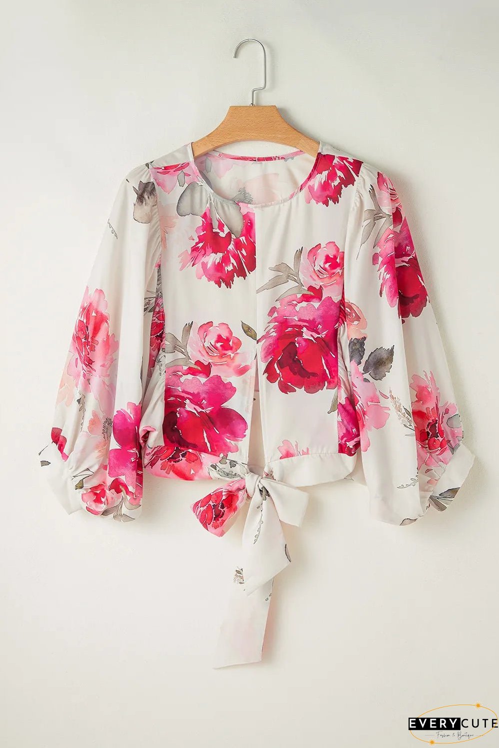 Tied Floral Round Neck Three-Quarter Sleeve Blouse