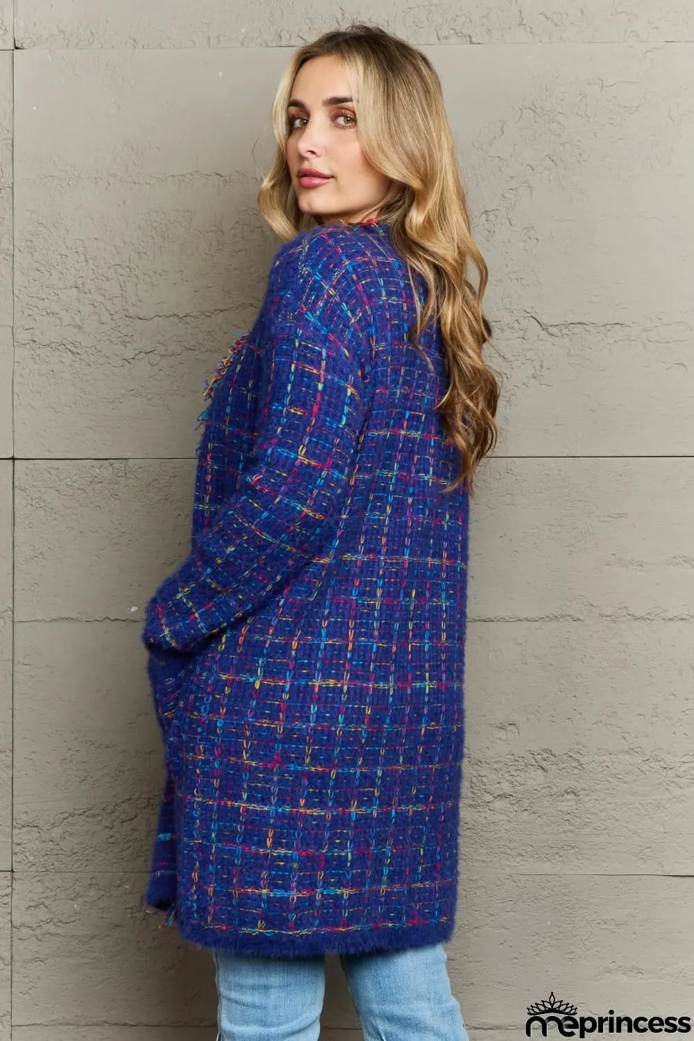 Plaid Fringe Trim Open Front Longline Cardigan