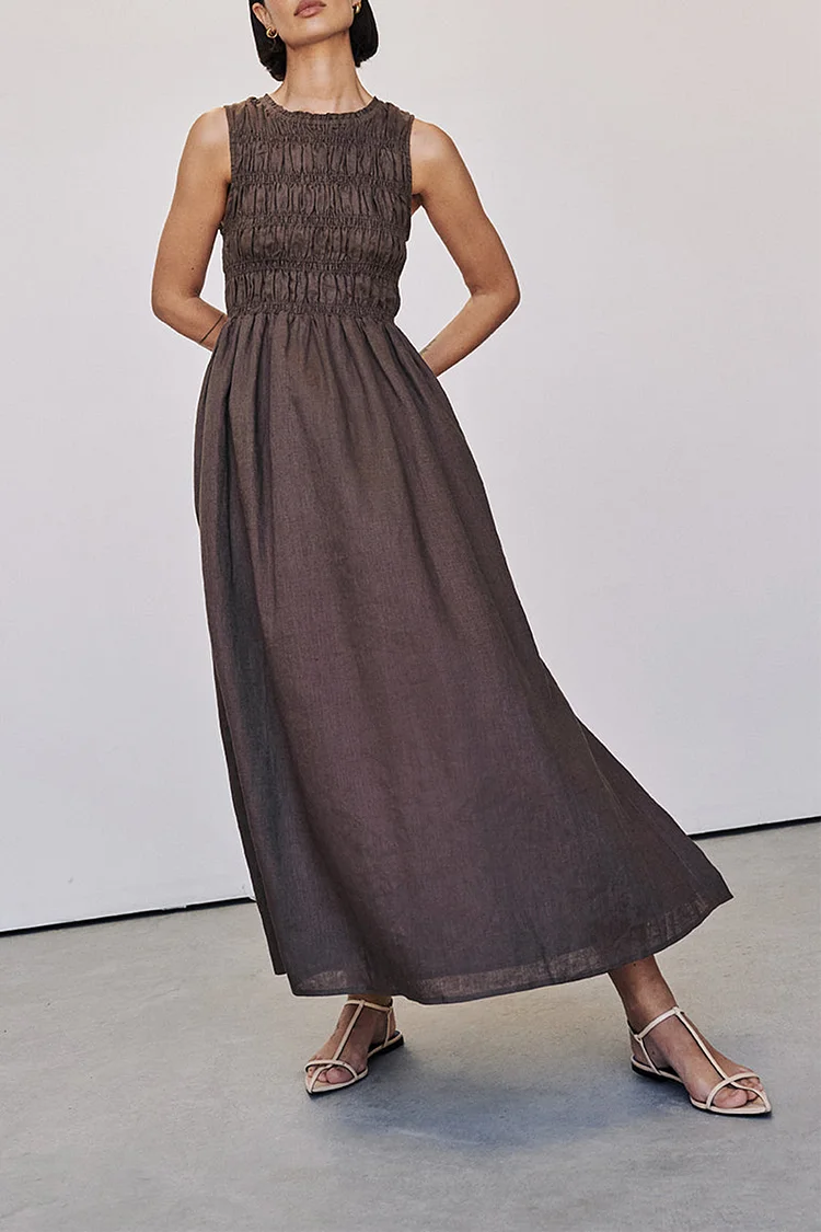 Round Neck Ruched Sleeveless Solid Color Linen Slit Maxi Dresses [Pre Order]
