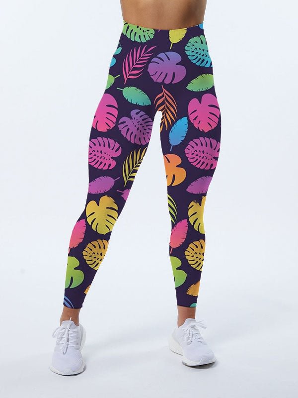 Bright Rainbow Ombre Gradient Palm Leaves Pattern Leggings