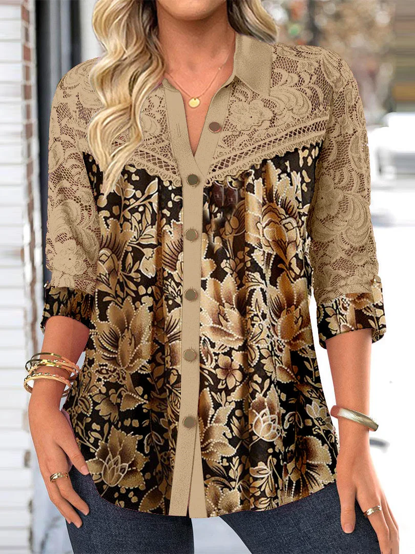 Women Long Sleeve Shirt Collar Floral Printed Graphic Lace Button Tops