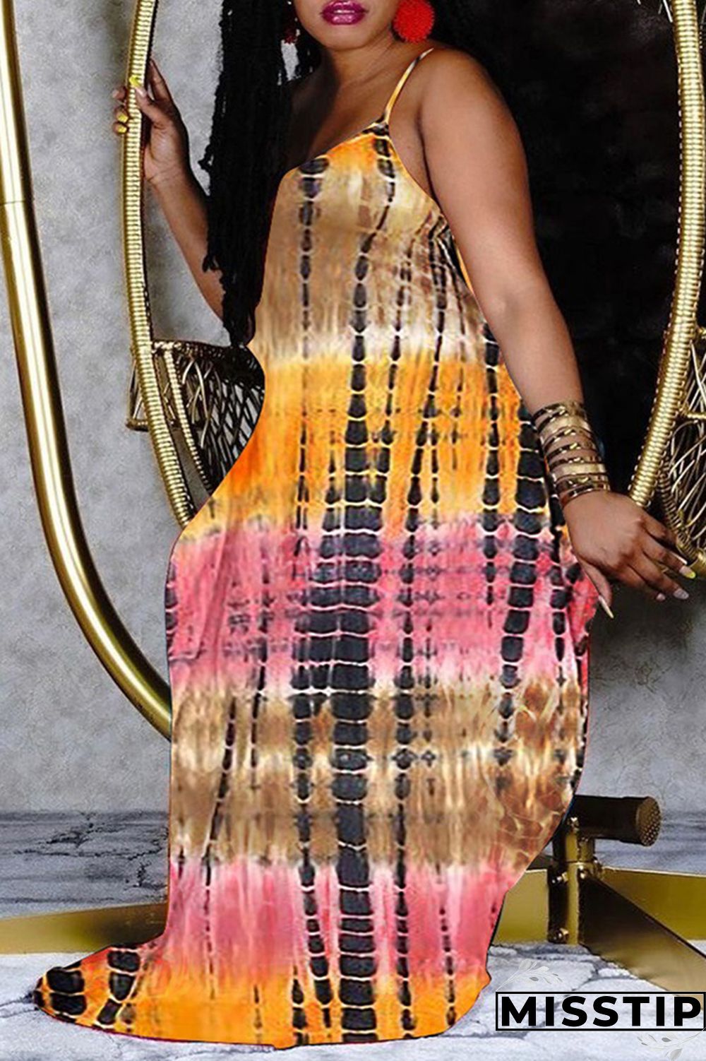 Khaki Fashion Casual Plus Size Print Basic Spaghetti Strap Sleeveless Dress