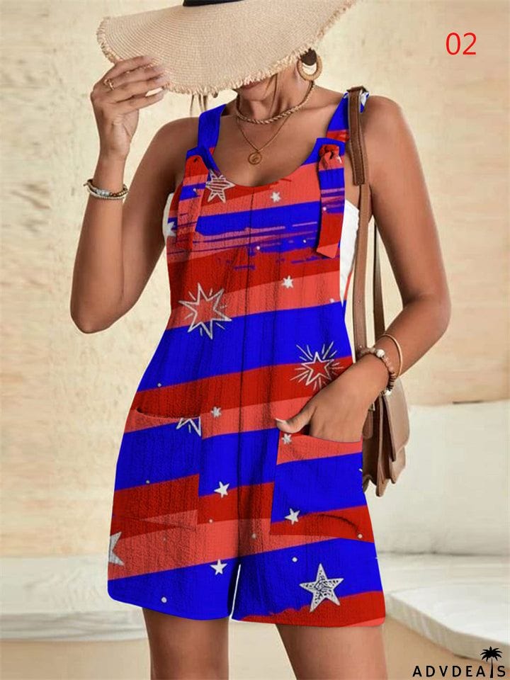 Lady Temperament Star Flag Print Sleeveless Jumpsuits
