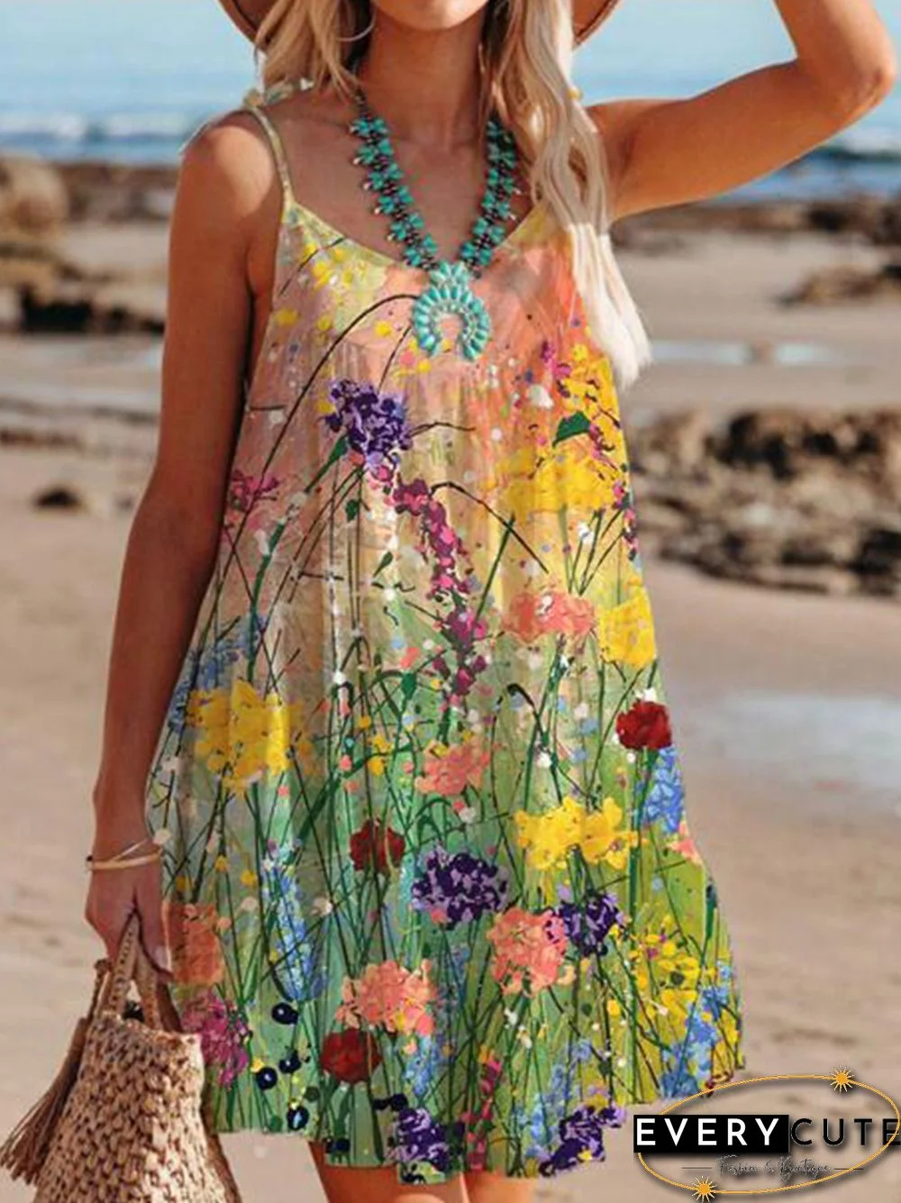 Summer Vintage Pattern Printed Beach Dress Women Casual Sling V-Neck Lace-up Mini Dress Ladies Fashion Sleeveless Loose Dresses