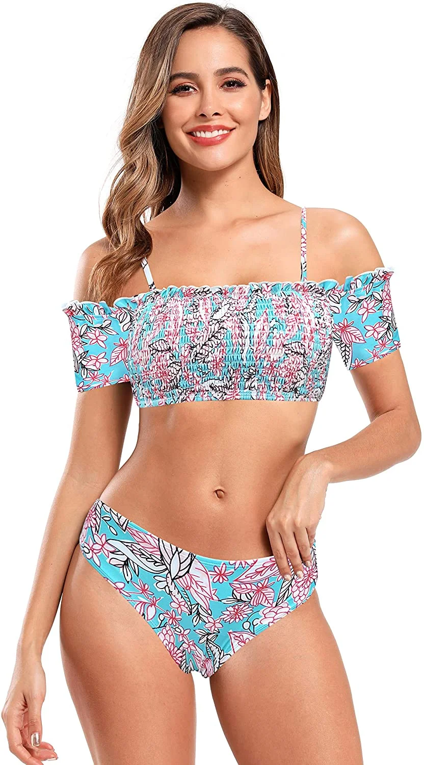 Women's Shirred Off-Shoulder Bikini Set Floral Print Two Piece Swimsuits