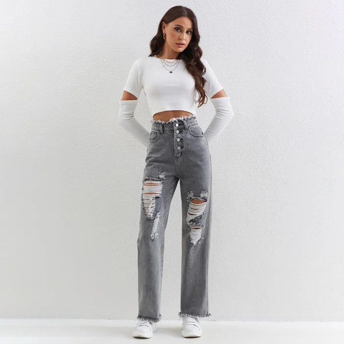 Women's Gray Ripped Straight Jeans Casual Jeans