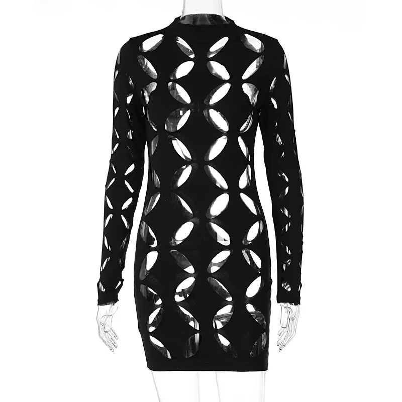 Solid O Neck Long Sleeves Cut Out  Skinny Mini Prom Dress Summer Women Fashion Outfit Evening Party Club Reve Preparing