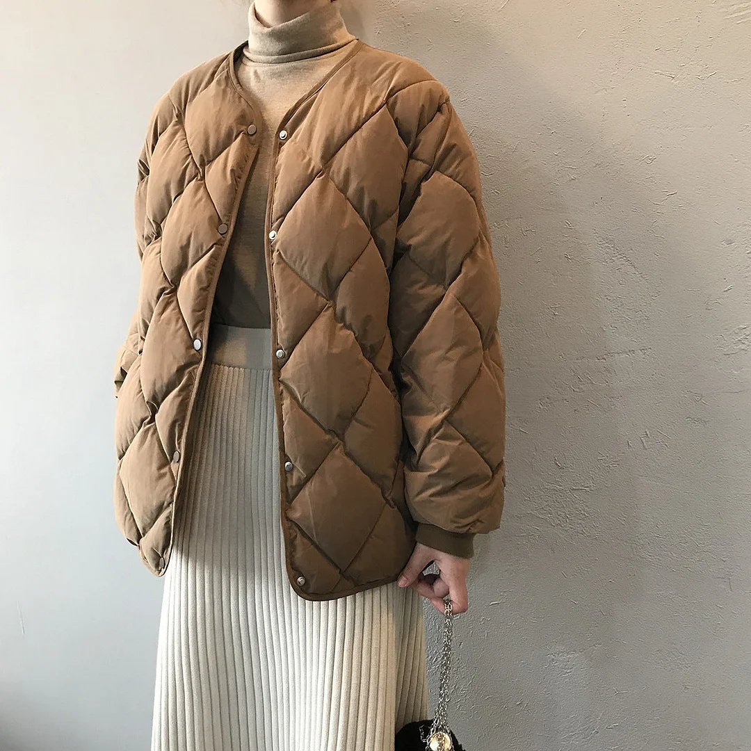 Women Long Sleeve V-neck Solid Color Puffer Coats