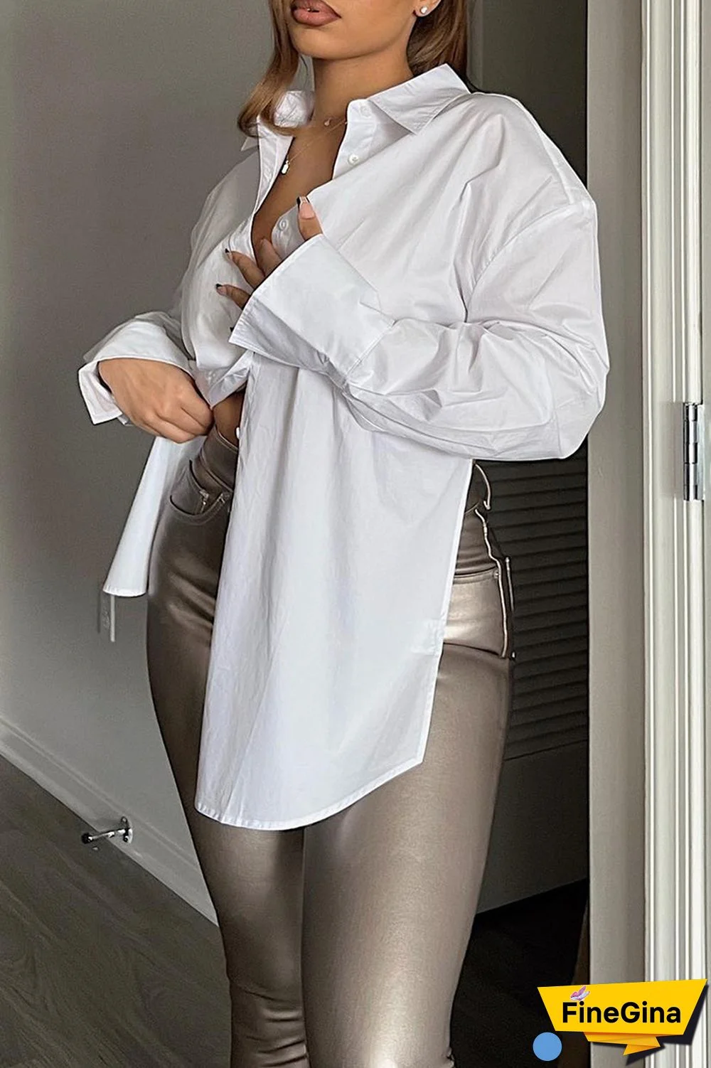 Sky Blue Casual Solid Frenulum Backless Asymmetrical Shirt Collar Tops