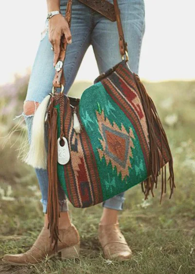 Women Retro Tassel Felt Geometric Print Ethnic Handbag Shoulder Bag Tote