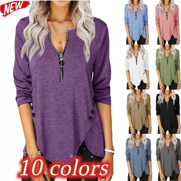 New Women's Casual Long Sleeve Tunic Top V Neck Round Neck Side Button Shirt - Shop Trendy Women's Clothing | LoverChic