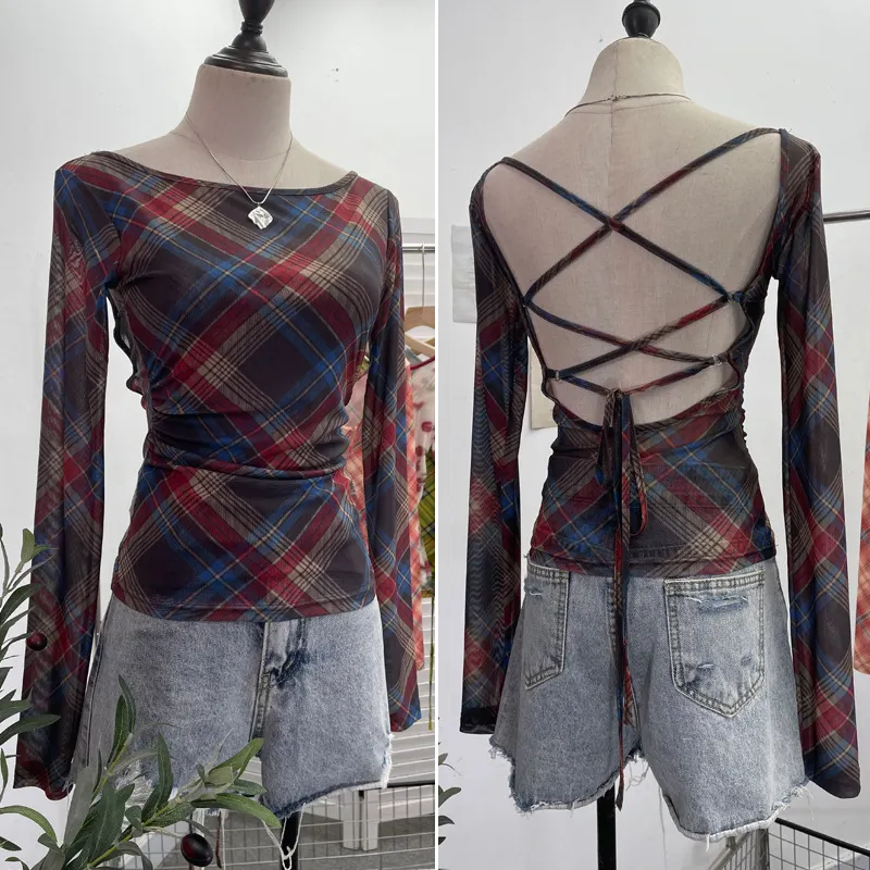 Uveng Vintage Print Repair Body Clothes Bump Color Mesh Strapd To The Big Bare Back Long-Sleeved Bottom Shirt T-Shirt 9939