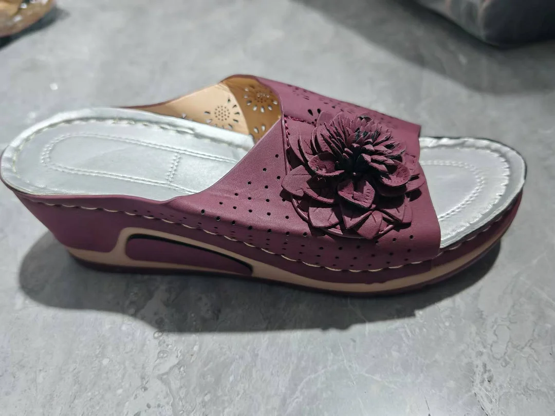 Breakj Breakj Summer New Slope With Flower Fish Mouth Large-Size Slippers Car Sewing Hollow Women's Leisure Cold Slippers