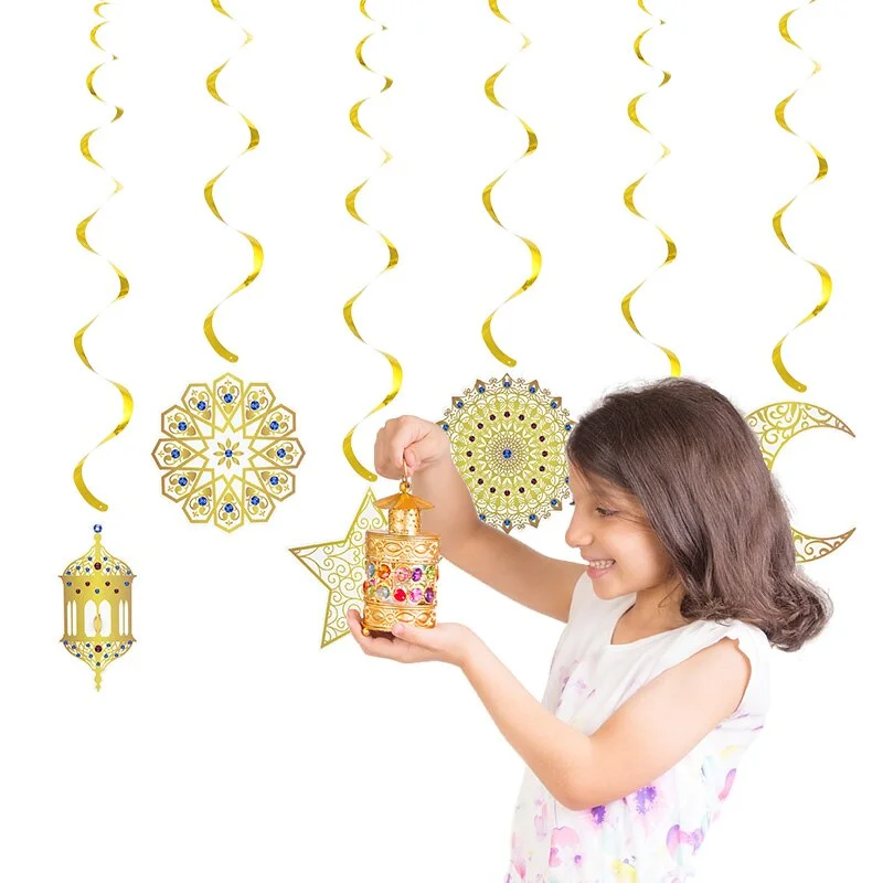6pcs/set EID Mubarak Decoration Swirl Banner Star Moon Ceiling Hanging Ornament Ramadan Kareem Islam Muslim Party Supplies
