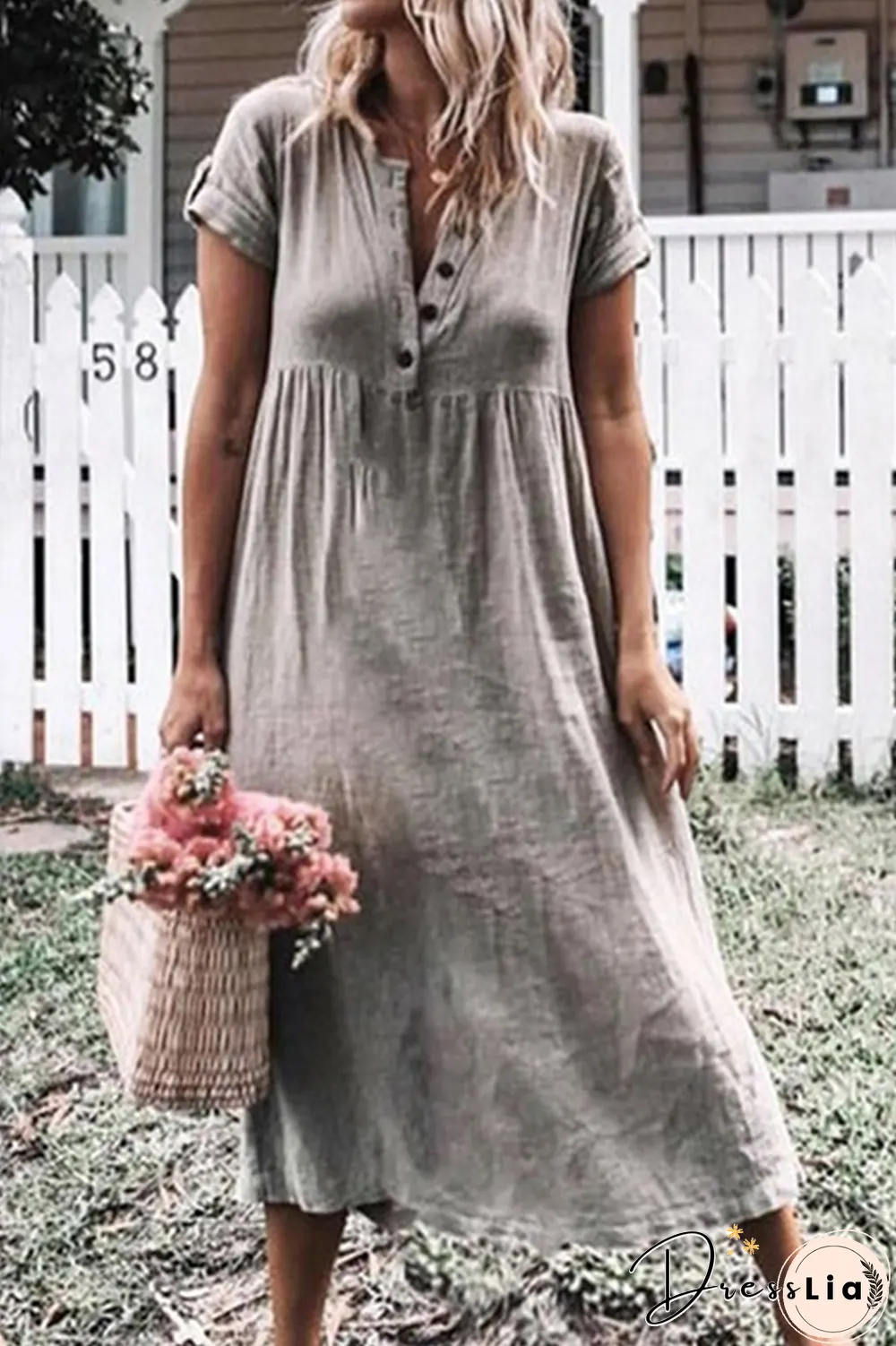 Casual Solid Buckle V Neck Straight Dresses(6 colors)
