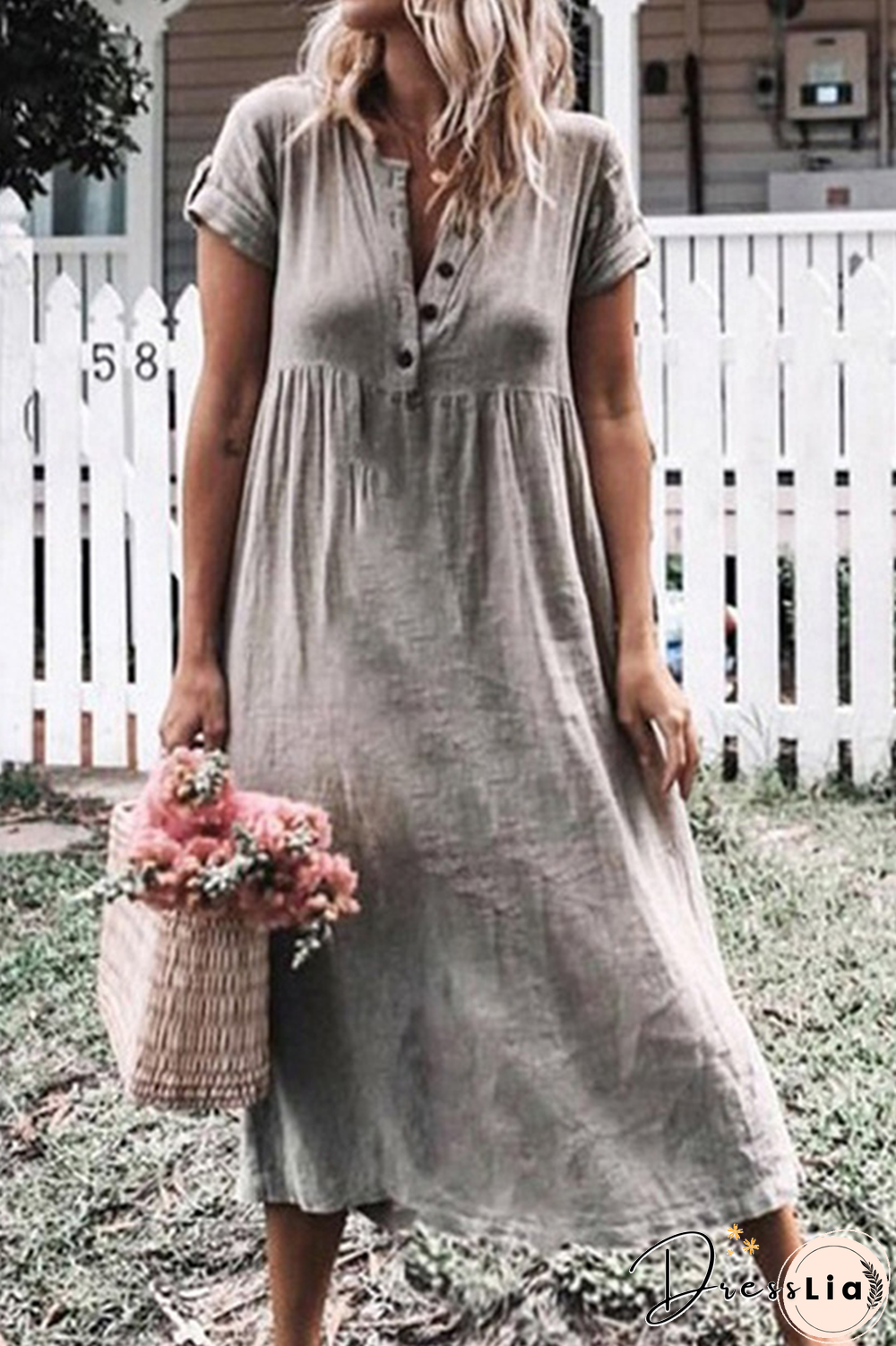 Casual Solid Buckle V Neck Straight Dresses(6 colors)