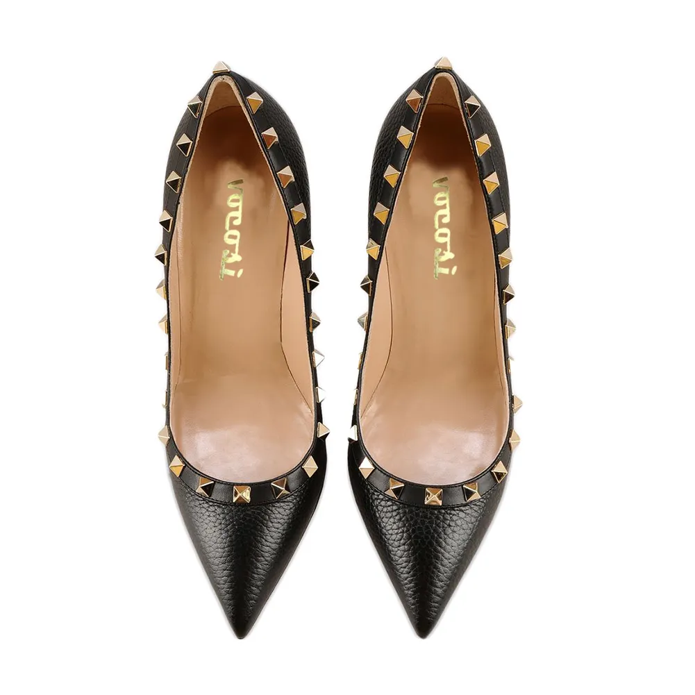 100mm Women's Sexy Pointy Toe Studs Stilettos High Heels Rivets Shoes Black Lines-vocosishoes