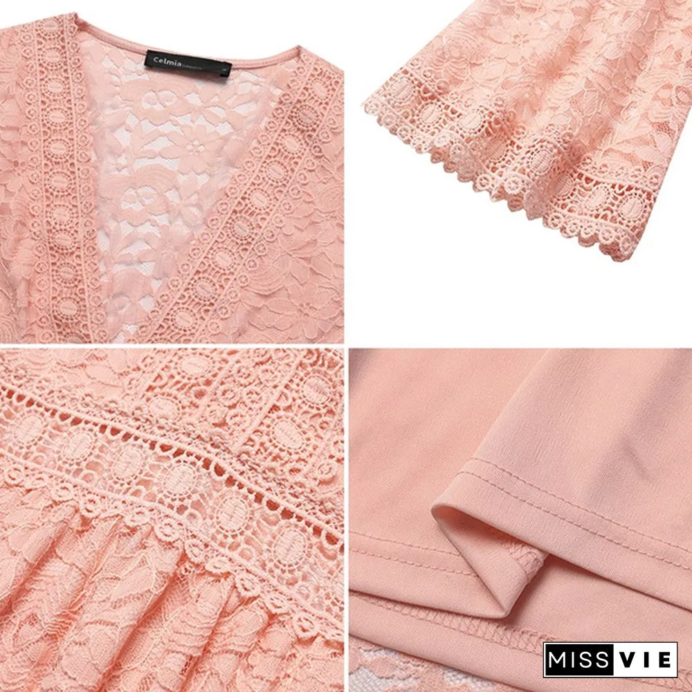 Womens Lace Stitching Elegant Dress Flare Long Sleeve Neck Party Casual Loose Mini Plus