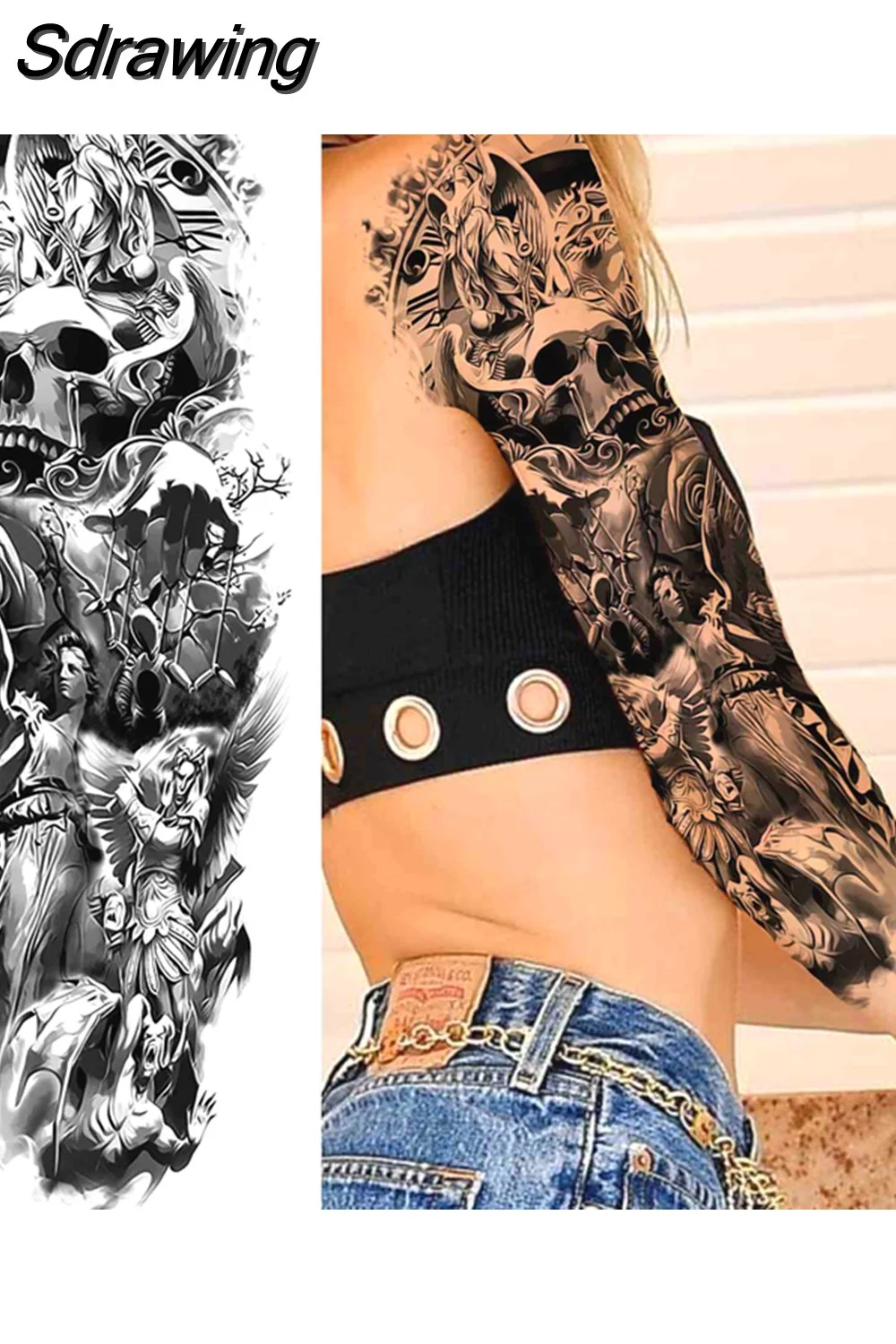 Sdrawing Totem Temporary Tattoo Sleeve For Men Women Adult Fake Flower Shoulder Tatoos Sticker Black Skull Tattoos Big Full Arm 521-0