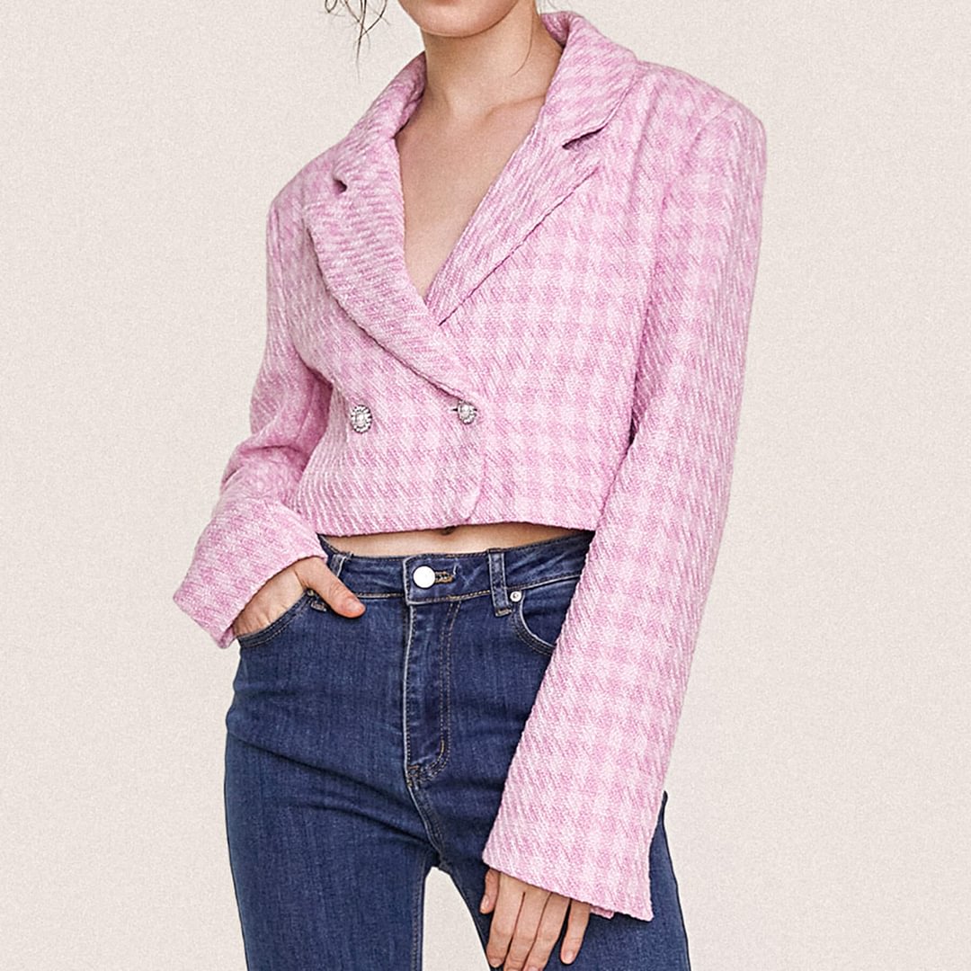 Pink Textured Houndstooth Double-Breasted Cropped Blazer