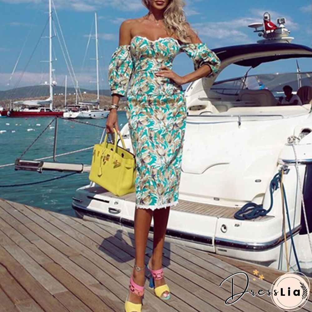 Elegant Floral Ladies Party Dress Autumn Ladies Fashion Balloon Sleeve Office Dress Sexy Off Shoulder Off Back Body Dress