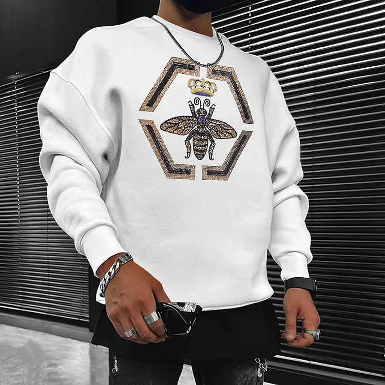 BrosWear Men's White Round Neck Hot Diamond Golden Bee Sweatshirt
