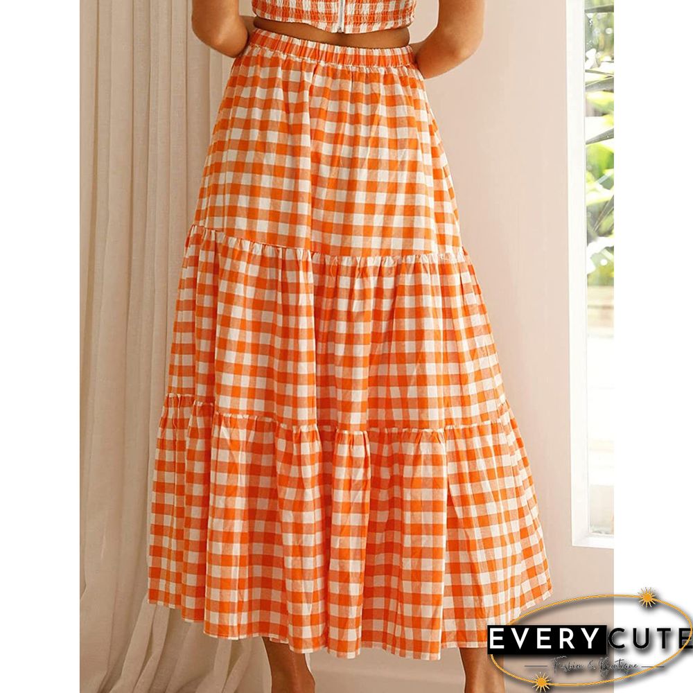 Orange Plaid Print Pocketed Maxi Skirt