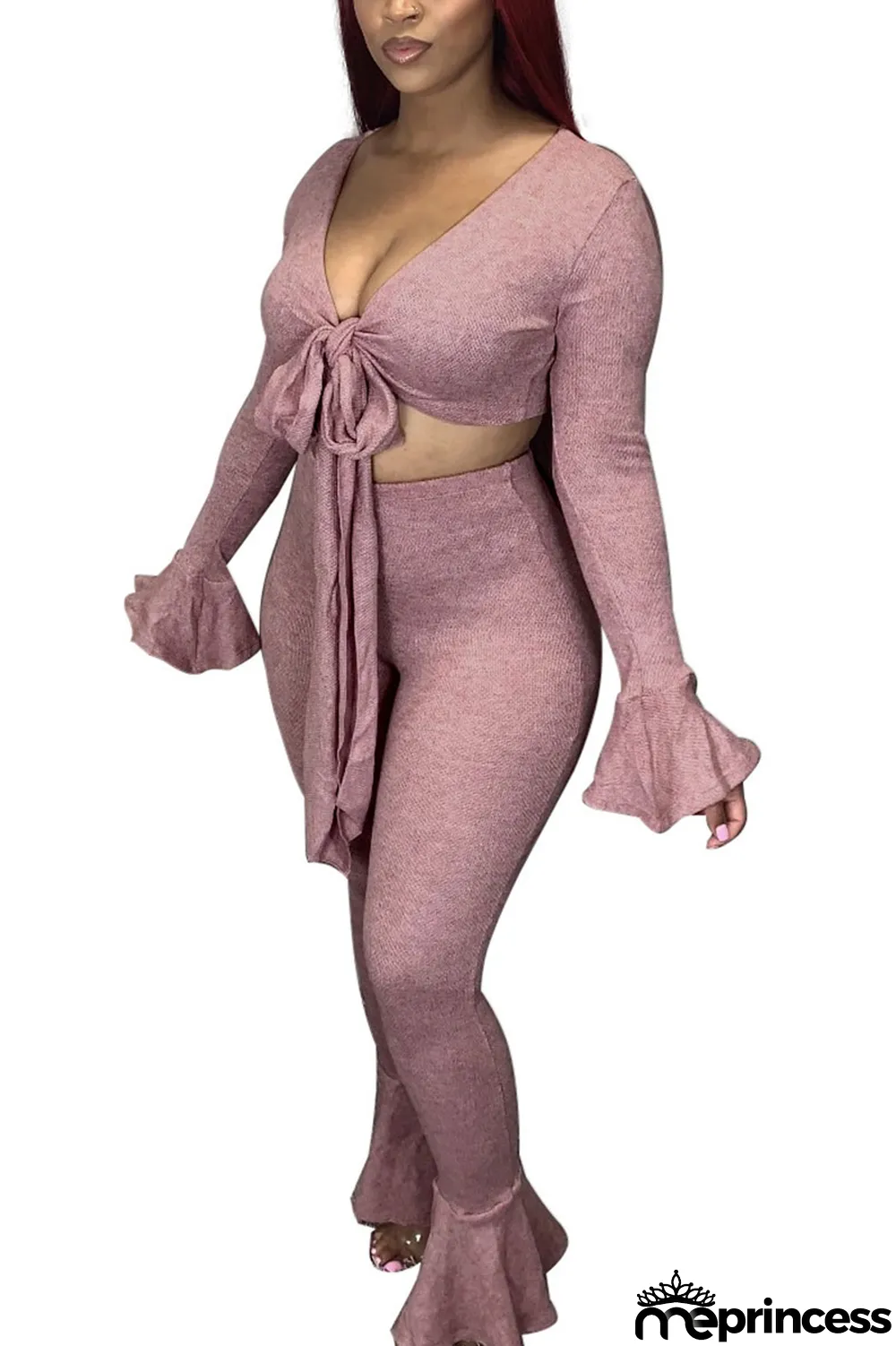 Red Casual Solid V Neck Long Sleeve Flare Sleeve Short Two Pieces