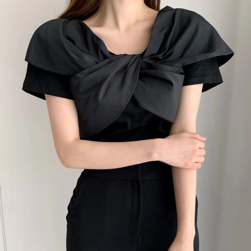 Churchf Churchf Chic Summer Simple Elegant V Neck Kink Design Sense Pure Color Slim Thin Fly Sleeve T-Shirt Jacket Women