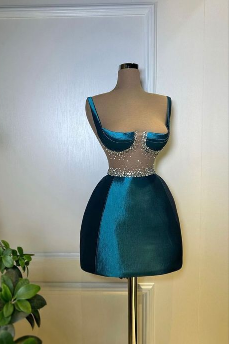 Oknass Spaghetti Straps Sleeveless Short Homecoming Dress With Beadings