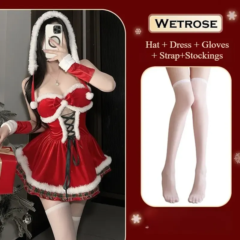 [Wetrose] In Stock Red Velvet Hooded Furry Trim Lace Up Dress Party Outfit Cosplay Costume Christmas Xmas 